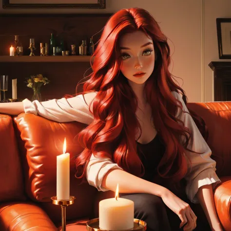 a closeup of a woman sitting on a sofa with a candle, long shiny red hair, redhead woman, beautiful redhead woman, Orange peel a...