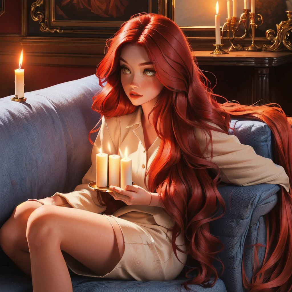 a closeup of a woman sitting on a sofa with a candle, long shiny red hair, redhead woman, beautiful redhead woman, Orange peel and long fiery hair., redhead girl, bright red hair, woman with red hair, red hair girl, long loose red hair, redhead girl, long curly red hair, long red hair, loose red hair, long loose red hair