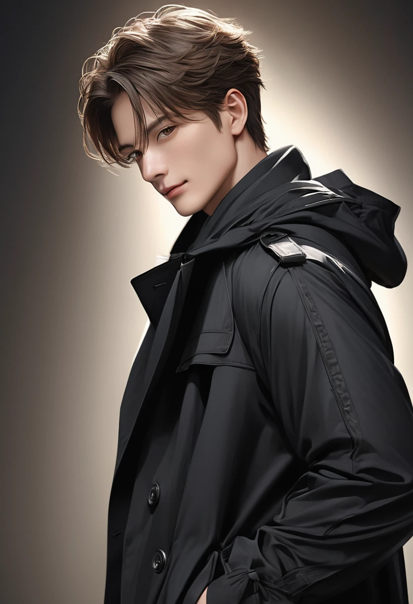    Handsome mature young boy dynamic full body photo, close-up of brown-haired man wearing black windbreaker( perfect anatomy ) Face side close-up. Detailed face. realistic eyes. 

               The face and eyes are very detailed. Delicate skin.、Delicate skin texture smile, Black trench coat dark shadow background, black soft light, Professional photography master&#39;Artworks, texture, complicated, Clear,

                    High-quality masterpieces，Extremely complicated and exquisitely detailed, Super detailed, Super detailed digital art