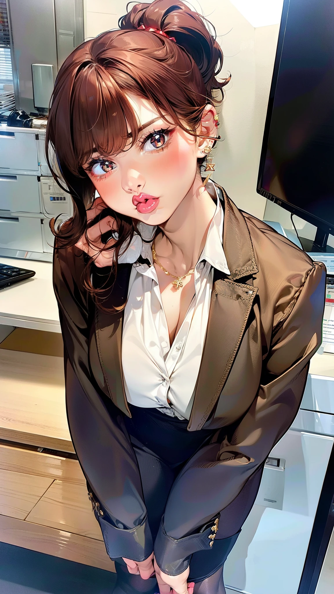 High Definition, Masterpiece, Top Quality, 8k, Company, Laptop, One Girl, Angry, Brown Hair, Short Curly Hair, Ponytail, Mature Woman, Office Lady Outfit, Office Lady Outfit, Pantyhose, Dildo in Pantyhose, Nameplate, Earring, Necklace, Sideways Shot, Holding Paper, File Filing.