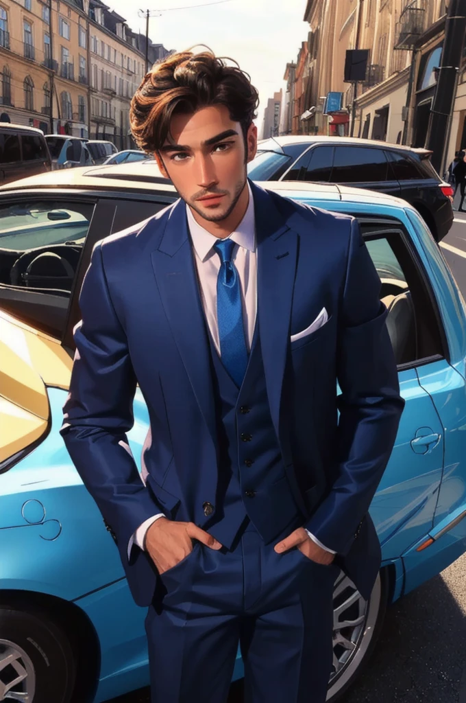 a close up of a man in a Es dauert standing next to a car, schön und elegant, wearing a stylish men's Es dauert, männlich und gutaussehend, wearing dark blue Es dauert, attraktive männliche Haute Couture, gutaussehend und attraktiv, stylish Es dauert, schöner Mann, Es dauert ， perfektes Gesicht, dressed in a Es dauert, luxurious Es dauert, gut angezogen, Anspruchsvolles und wohlgeformtes Gesicht, elegant Es dauert