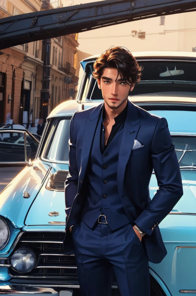 a close up of a man in a Dura standing next to a car, guapo y elegante, wearing a stylish men's Dura, masculino y guapo, wearing dark blue Dura, Alta costura masculina atractiva, guapo y atractivo, stylish Dura, hombre guapo, Dura ， cara perfecta, dressed in a Dura, luxurious Dura, bien vestido, Rostro sofisticado y bien redondeado., elegant Dura