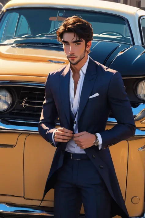 a close up of a man in a It lasts standing next to a car, handsome and elegant, wearing a stylish men's It lasts, masculine and ...