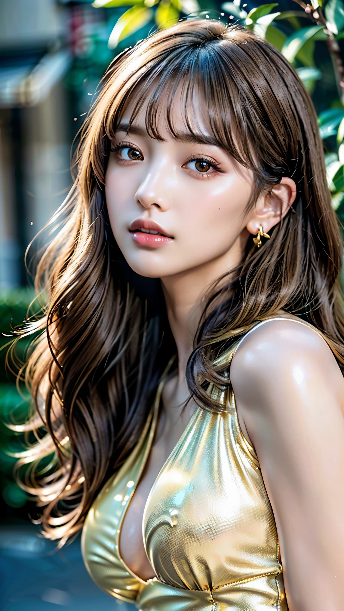 Photorealistic Realism 8K、16K quality、(Extremely absurd quality、Very detailedなディテール、Super Resolution、Clear and sharp focus、Not blurry、(Realistic brown eyes:1.35))、((The perfect dark eyeshadow:1.45))、(Super detailed、Beautiful little nose:1.2)、(Perfect composition)、Depth of written boundary、Cinematic Light、Lens flare、(Very beautiful face、Beautiful Lips、Beautiful Eyes)、Intricately detailed face、Best high quality realistic textured skin:1.3、Woman with velvet skin:1.33)、((Best high quality realistic textured hair))、(Short blonde hair、(Wave、Upward、Behind the ears)、Very detailed:1.38))、Photos of the most beautiful works of art in the world、Soft lighting、high quality、Fujifilm XT3 Sharp Focus、f 5.6、dramatic、(Perfect anatomically correct proportions)、((Perfect hands:1.2))、(Super beautiful face:1.33)、((Perfect female body:1.4))、pretty girl、((Firm and ample breasts))、(Perfect eyes of the most absurd quality:1.35)、((Super beautiful, cute and sharp face))、(Light pale complexion)、Transparent PVC(Ultra Shiny Gold Transparent Holographic Full Body Suit:1.3)、Ultra tight fitting bodysuit with ultra reflective surface、((Upper body shot above the knees))、I am looking at this、 ((Fat)),(((Glowing Skin:1.5、Light Skin: 1.5、Glowing Skin、Very Glowing Skin)))、Detailed body、Droopy eyes、(obscene、pussy line：1.2)、Thin pubic hair、High heels、
