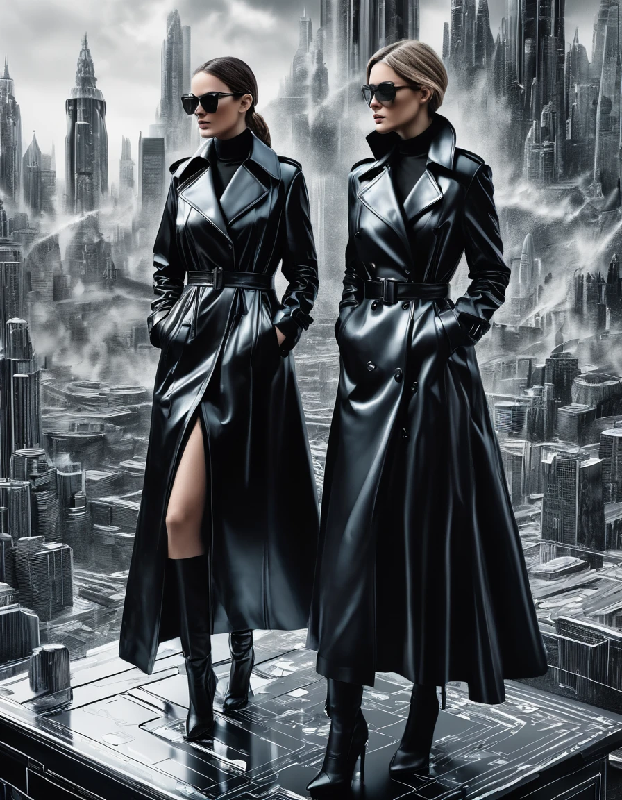 (On a sheet of paper placed on a large desk, Drawing large 4D figurines in stunning and breathtaking uhd ink style), Trinity, two sublime women in high detailed Black trench coat, matrix style, futuristic city center,  fully detailed, high quality, high resolution, proportions parfaites, masterpiece, hyperRéaliste, masterpiece, superior quality, high resolution, Extremely detailed faces, highly detailed 8K wallpaper, détails fractales