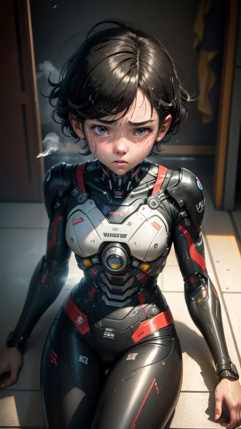 Highest quality　8k Cyborg Suit Girl　Elementary school girl　Sweaty face　cute　Boyish short hair　Very short hair　Steam coming out o...