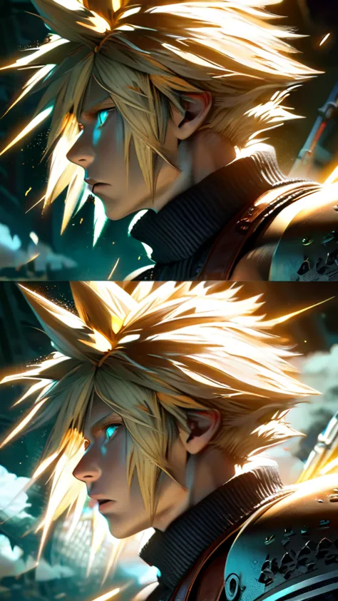 symetrical,absurdres, highres, ultra detailed, hdr, masterpiece, extremely detailed face and eyes, cloud strife,final fantasy 7,...