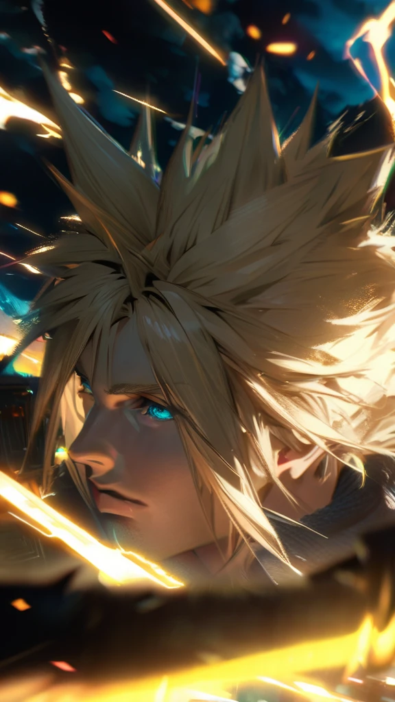 Symetrical,absurdres, highres, ultra detailed, HDR, masterpiece, extremely detailed face and eyes, Cloud Strife,final fantasy 7, yellow hair , , solo, man, handsome, ,, , Epic fight scene, yellow lightning effect, glowing glitters, symetrical 