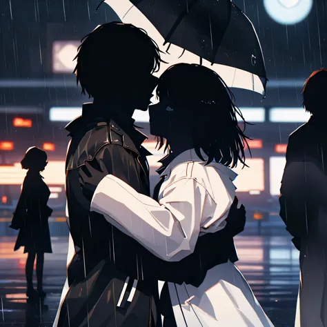 Man wearing a soft hat and black trench coat, hugging a woman in a white coat, background is airport, on the verge of boarding a...