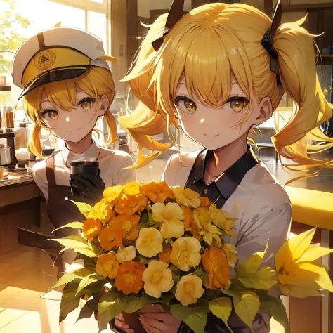 (((Shinomiya Kikoru)))　((Yellow Hair　Twin tails　Cap))　(smile　Drink coffee)　Shining Background　Shining Edge