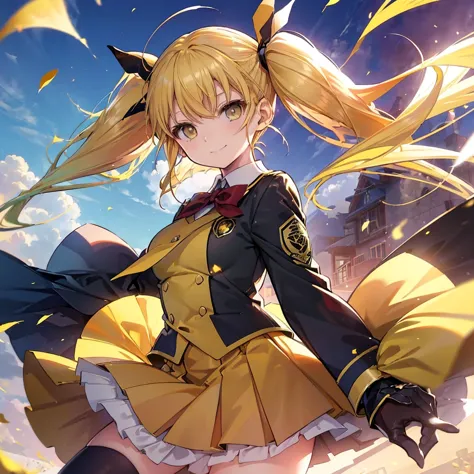(((Shinomiya Kikoru)))　((Yellow Hair　Twin tails　uniform))　(smile　Jump)　Shining Background　Shining Edge