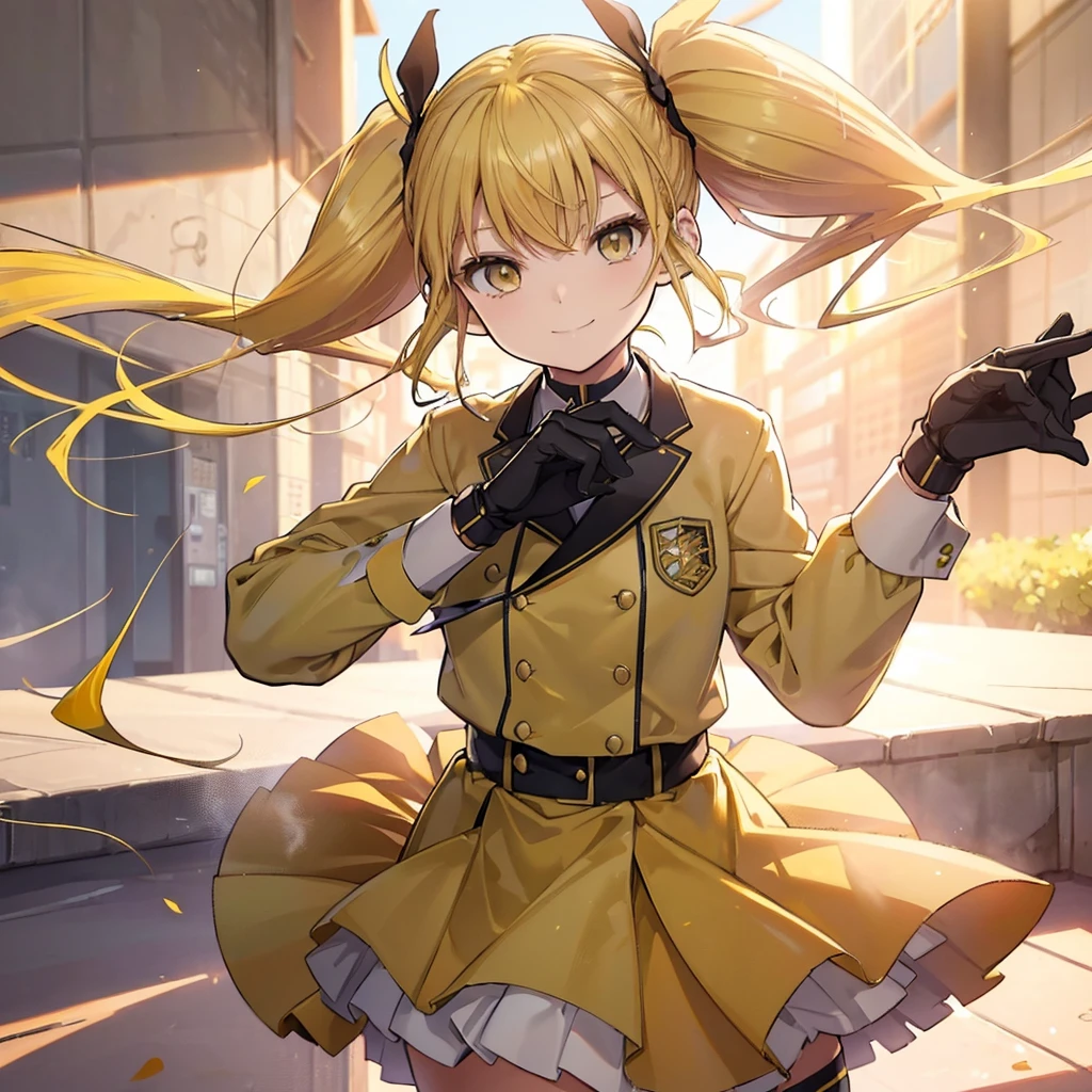 (((Shinomiya Kikoru)))　((Yellow Hair　Twin tails　uniform))　(smile　Jump)　Shining Background　Shining Edge