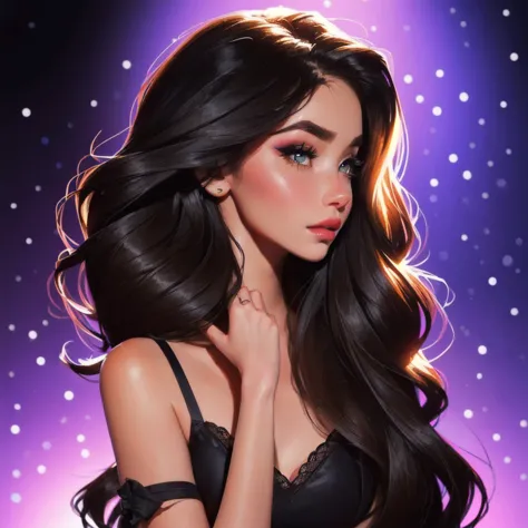A woman with long black hair and a black top posing for a photo., soft devil queen Madison Beer, Portrait Sophie Mudd, Violet My...