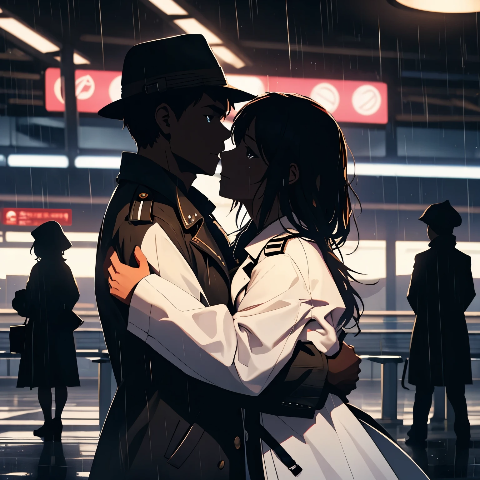 Мужчина в мягкой шляпе и черном плаще, обнимаю женщину в белом халате, фон — аэропорт, на пороге посадки в самолет, дождливая ночь, женские слезы,