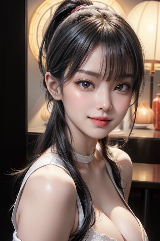 ((High Ponytail:1.5)),(((Bangs,Straight bangs:1.1))),(((Very long black hair, 超长的Black Hair:1.1))),Simple white background, White shirt,cleveage, clavicle,Off-shoulder,Good belt, Black Hair,蓝Eye, Bangs, Long hair,  (((丰满柔软的breast,)))(((巨Large targetbreast))) (((Cleavage)))1 girl, 20 years old,infp young woman,beautiful Finger,beautiful long legs,beautiful body, beautiful nose,beautiful character design, 完美的Eye, 完美Face蛋,富有表现力的Eye,Perfect balance, Looking at the audience,(把注意力集中在她的Face上),Shut up, (Innocent_Large target_Eye:1.0),(Light_Smile:0.3), Official Art,the Extremely Detailed CG Unity 8K Wallpapers, Perfect 灯Light,colorful, bright_front_Face_灯Light,White skin, (On the table:1.0),(the best_quality:1.0), 超high resolution,4K,Extremely detailed, photography, 8K, nffsw, high resolution, :1.2, Kodak Portra 400, Film Grain, Blurred background, Bokeh:1.2, 镜头Light晕, (Energetic_color:1.2),专业photography, (beautiful,Large target_breast:1.4), (beautiful_Face:1.5),(narrow_waist),