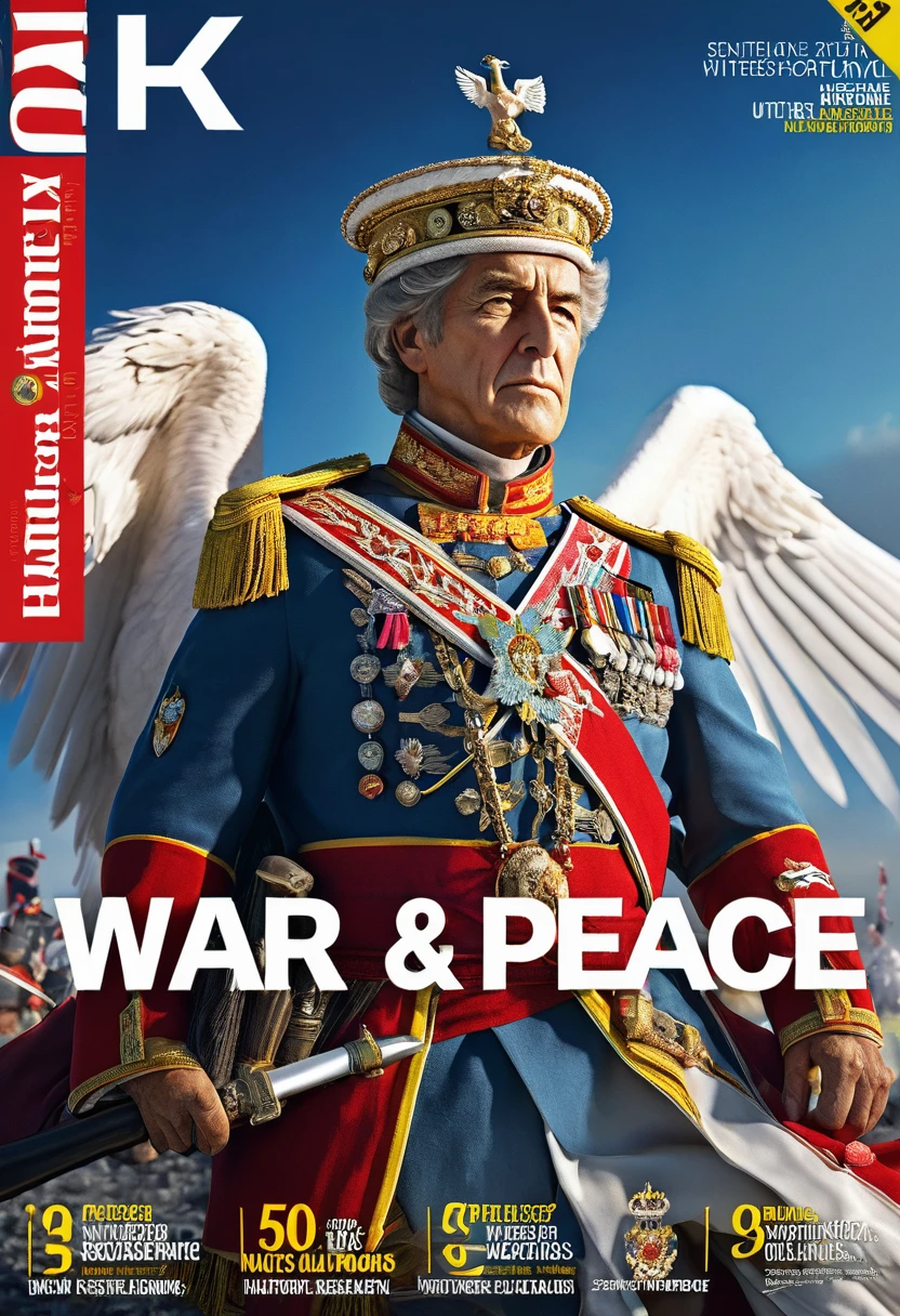 "War and Peace" magazine cover, Rich colors, intense sharp, 8K. 3d render. masterpiece, perfect anatomy, 32k UHD resolution, best quality, highly details, realistic photo, professional photography, emblem, eagle, crown.