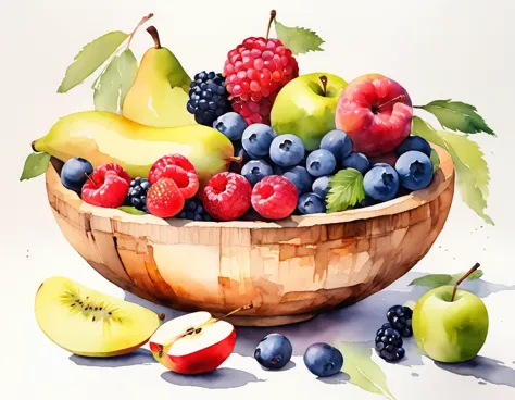 Against brilliant white background. The illustration portrays a wooden bowl filled with an assortment of colorful fruits. Among ...