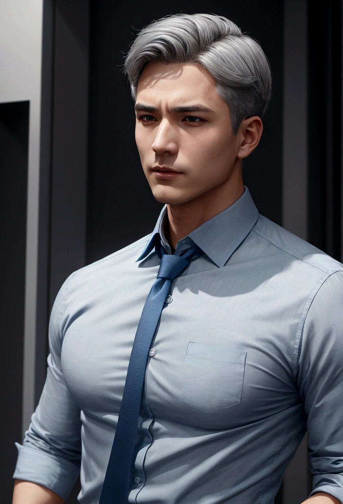 man, very short hair, slightly gray, with blue dress shirt, with maximum characteristics prevailing