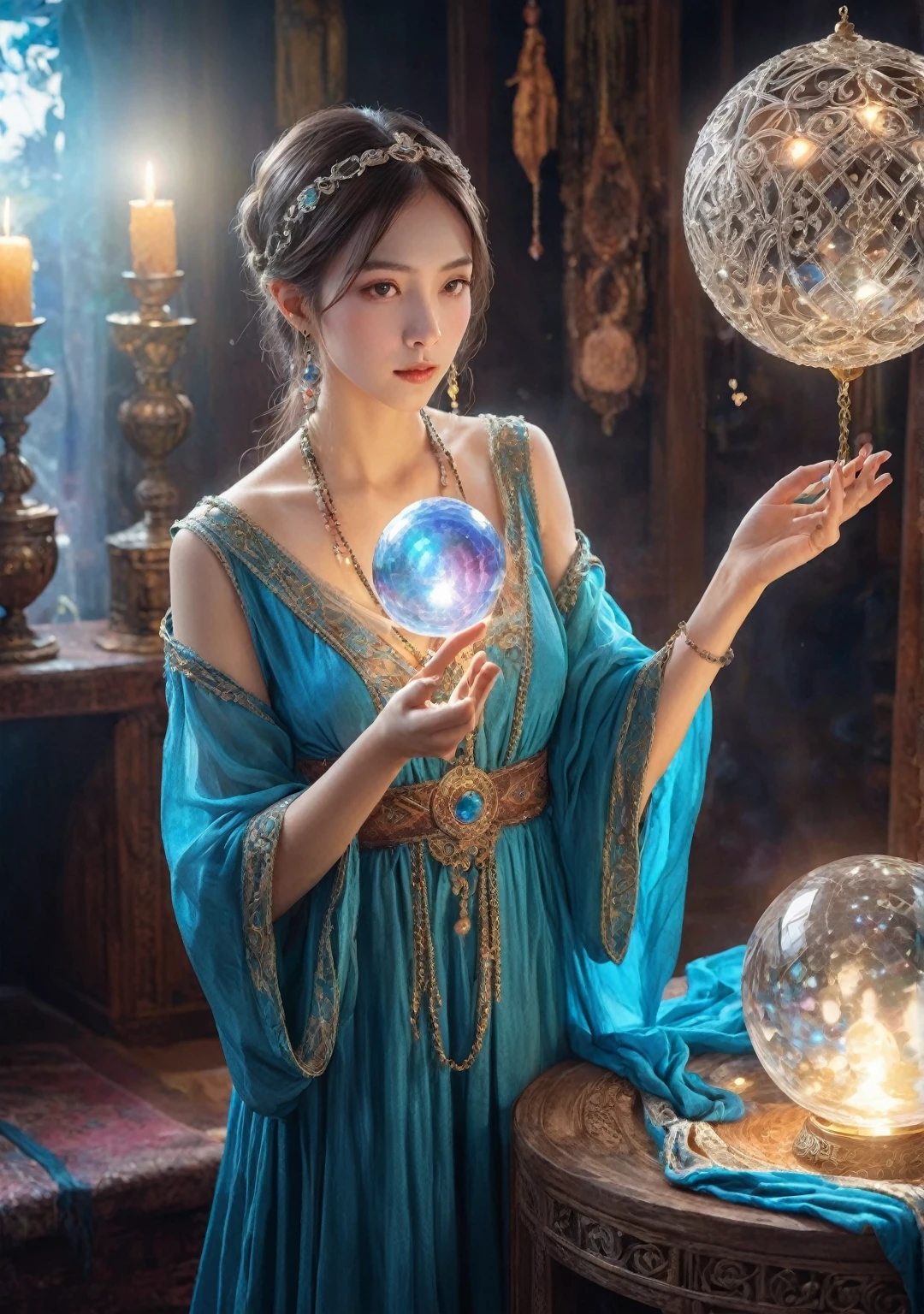 Female fortune teller. (Overall body orientation: frontal) Charming, beautiful and mysterious. She wears a blue cloak and has a clear face. Eyes wide open, looking straight ahead. Bright and glittering, full of anxiety and anticipation. She holds a crystal ball in both hands. He stands up and holds the crystal ball in front of his chest. The crystal ball is one color and crystal clear. The lighting in the room is bright, creating a magical atmosphere. Highest picture quality, 4K or 8K resolution. Level of detail is very fine and photorealistic. Artistic style should reflect a formal aesthetic with bright colors and strong contrasts. The color palette should emphasize the mysterious and mystical theme of the work. The fortune teller's cloak is decorated with metal trim and intricate designs, with a thickness ratio of 1.5 The overall ambiance is lovely and fantastical. The overall atmosphere is lovely and fantastic. The expression of the fortune teller must be mysterious and intriguing.