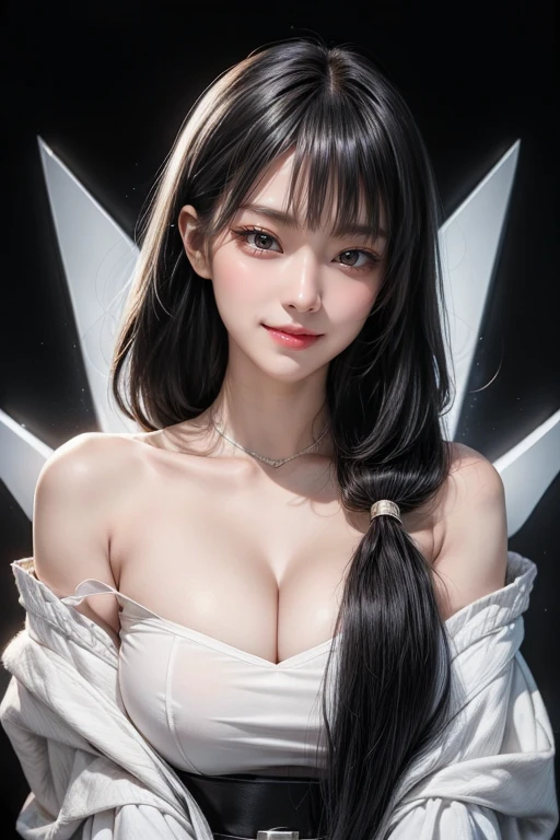 ((long_Ji_cut_hairstyle:1.5)),(((bangs,Straight bangs:1.1))),(((Very long black hair, Ridiculously long black hair:1.1))),Simple white background, White shirt,cleveage, clavicle,Off-shoulder,Good belt, Black Hair,蓝Eye, bangs, Long hair, 1 girl, 20 years old,infp young woman,beautiful Finger,beautiful long legs,beautiful body, beautiful nose,beautiful character design, Perfect Eye, Perfect Face Egg,Expressive Eye,perfect balance, Looking at the audience,(Focus on her face),Shut up, (Innocent_Large target_Eye:1.0),(Light_Smile:0.3), Official Art,Highly detailed CG Unity 8K wallpaper, Perfect 灯Light,Farbeful, bright_front_Face_灯Light,White skin, (On the table:1.0),(the best_quality:1.0), 超high resolution,4K,Extremely detailed, photography, 8K, nffsw, high resolution, :1.2, Kodak portra 400, Film Grain, Blurred background, bokeh:1.2, Lens Light Halo, (Energetic_Farbe:1.2),Professional photography, (beautiful,Large target_breast:1.4), (beautiful_Face:1.5),(narrow_waist), (((Plump and soft breast,)))(((巨Large targetbreast))) (((Cleavage)))