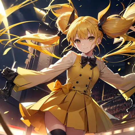 (((Shinomiya Kikoru)))　((Yellow Hair　Twin tails　uniform))　(smile　Jump)　Shining Background　Shining Edge