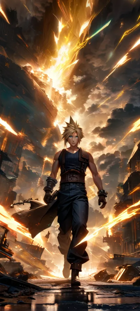 symetrical,absurdres, highres, ultra detailed, hdr, masterpiece, extremely detailed face and eyes, cloud strife,final fantasy 7,...