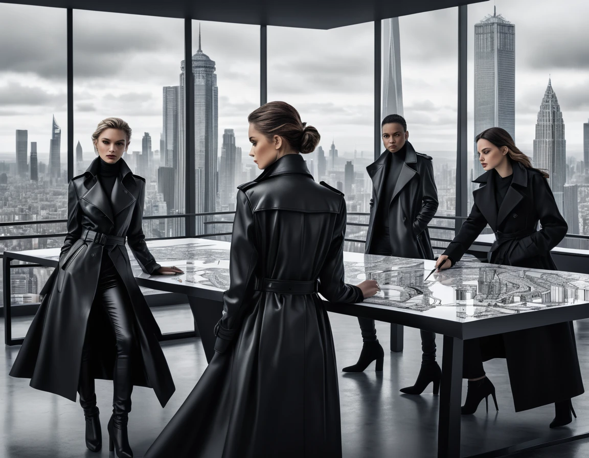 (On a sheet of paper placed on a large desk, Drawing large 4D figurines in stunning and breathtaking uhd ink style), Trinity, a group of sublime women in high detailed Black trench coat, matrix style, futuristic city center,  fully detailed, high quality, high resolution, proportions parfaites, masterpiece, hyperRéaliste, masterpiece, superior quality, high resolution, Extremely detailed faces, highly detailed 8K wallpaper, détails fractales