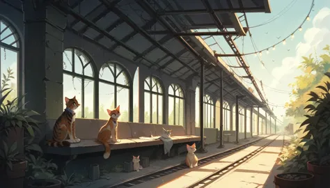 score_9, score_8_up, score_7_up, A boy sitting in an abandoned train station, plants, cats, sunny, diagonal lights, ruins