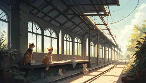 score_9, score_8_up, score_7_up, a boy sitting in an abandoned train station, plants, cats, sunny, diagonal lights, ruins