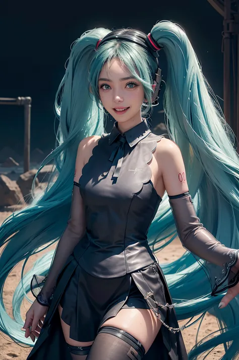 (Personaje Hatsune Miku), coarse hair color, long hair two tails with pony, looking at the view, eyes in sight, SMILE (big SMILE...