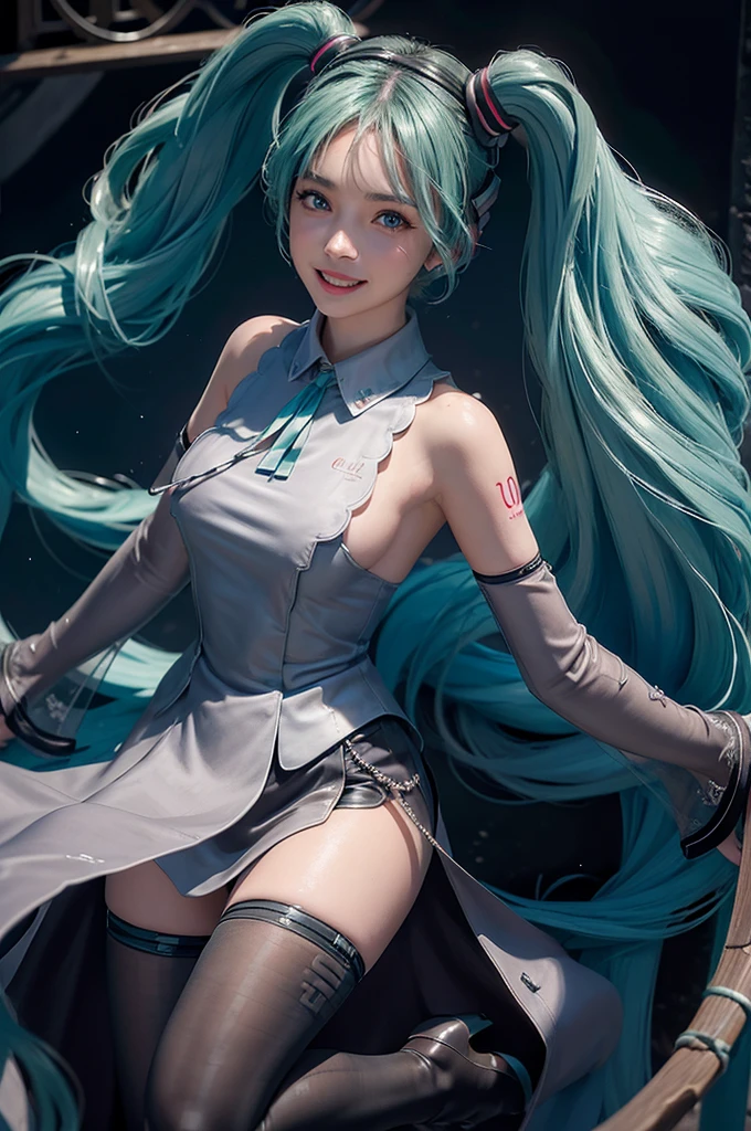 (Personaje Hatsune Miku), coarse hair color, long hair two tails with pony, looking at the view, eyes in sight, SMILE (big SMILE), (Open mouth), whole body, 21 year old girl, perfect body, perfect anatomy, tosca eye color, double eyelids, huge breasts, highly detailed skin texture,(realistic skin), Ultra detailed face, detailed lips, detailed eyes, double eyelids, Necklaces, wet skin, wet hair, (front focus), (in the dark:1.6), Hyperrealistic portrait of woman by David Hockney and Alphonse Mucha, fantasy art, realistic photo, dynamic pose, dynamic lighting, art station, poster, volumetric lighting, Very detailed faces, 4k, awarded, in the dark, deep shadow, low key, cowboy shot, (official clothing:1.1), Luxury Satin Long Dress, lighting dress