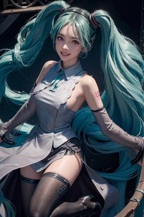 (Personaje Hatsune Miku), coarse hair color, long hair two tails with pony, looking at the view, eyes in sight, SMILE (big SMILE...