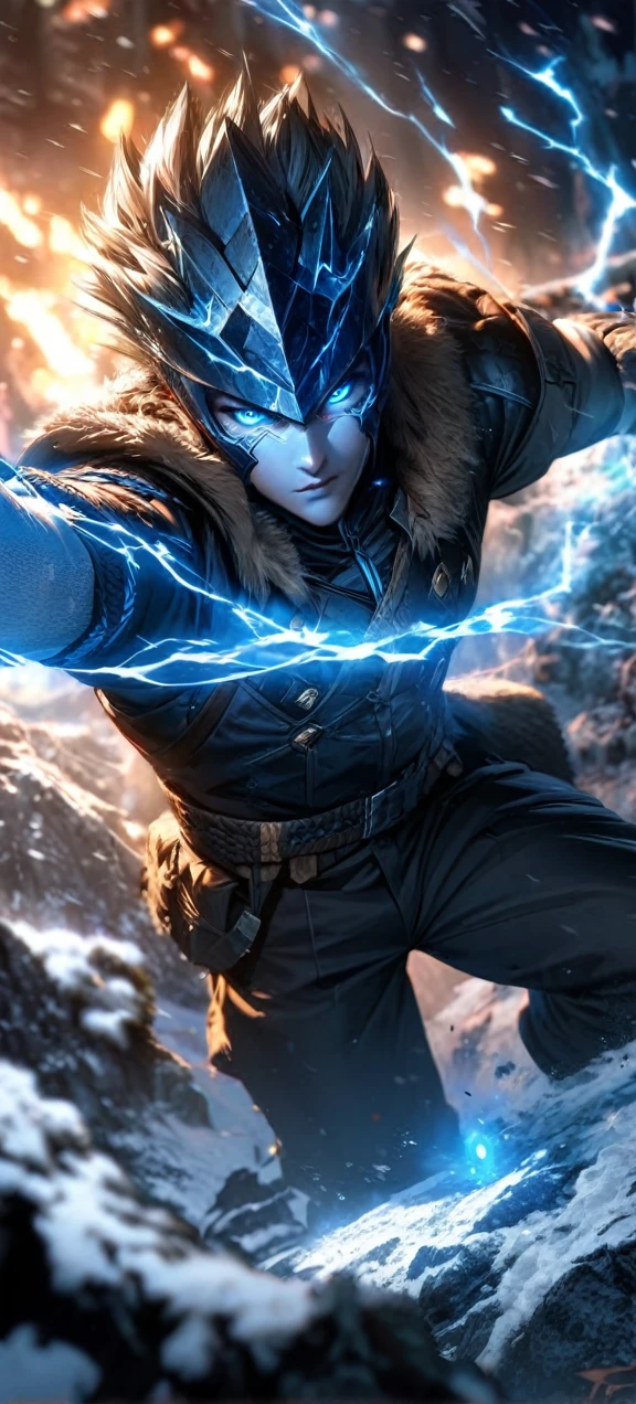  Far view,High quality, ultra realistic,absurdres, highres, ultra detailed, HDR, masterpiece, extremely detailed face and eyes, a cool Sub Zero, Mortal combat, cool posw,  ,,  , solo, ,man, handsome, ,white eyeleshes, blue eyes ,explosive effect , ,blue lightning  effect,glowing glitters ,  symetrical , ice effect, snow