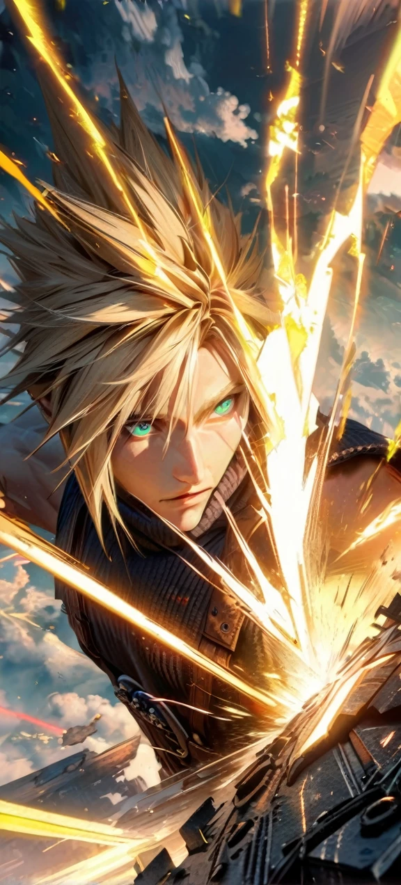 Symetrical,absurdres, highres, ultra detailed, HDR, masterpiece, extremely detailed face and eyes, Cloud Strife,final fantasy 7, yellow hair , , solo, man, handsome, ,, , Epic fight scene, yellow lightning effect, glowing glitters, symetrical 