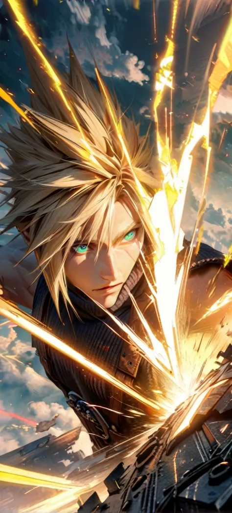 symetrical,absurdres, highres, ultra detailed, hdr, masterpiece, extremely detailed face and eyes, cloud strife,final fantasy 7,...