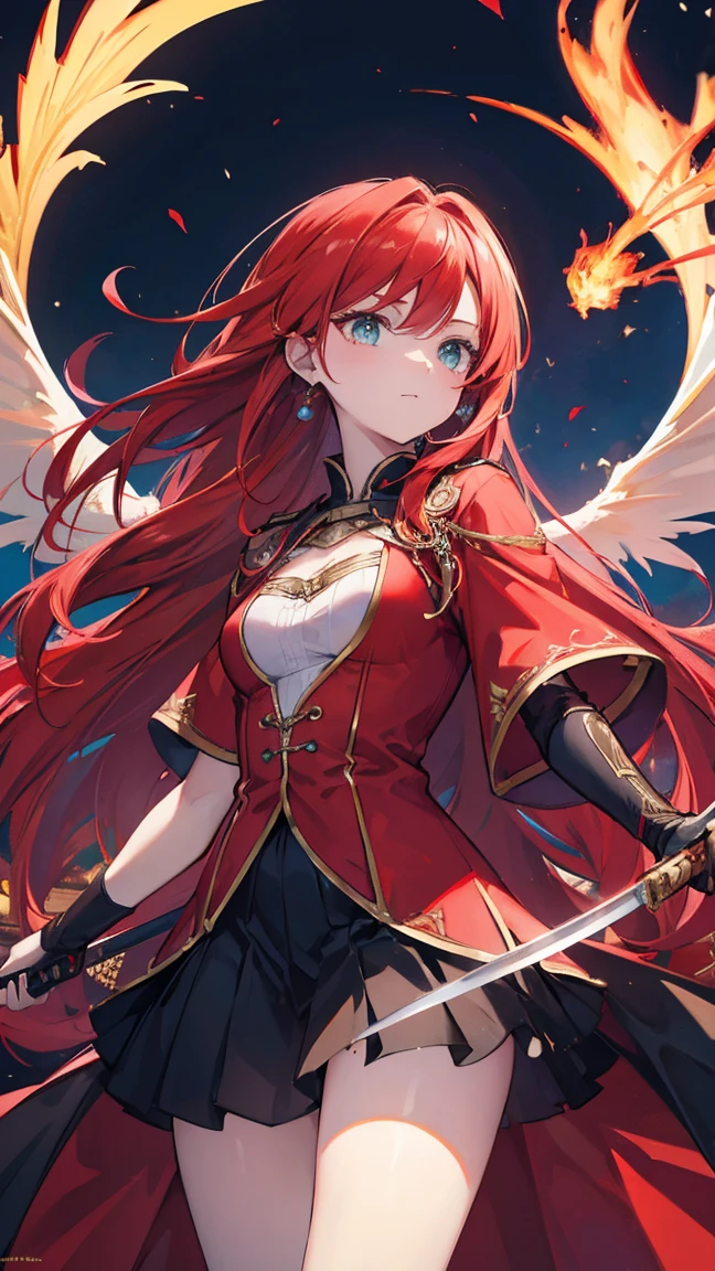 Masterpiece,best quality,Very detailed 8K wallpaper.,phoenix,have wings,man,green eyes,The redhead wore a red iron-clad outfit with a blue orb in the middle of the chest.,Katana sword wielder