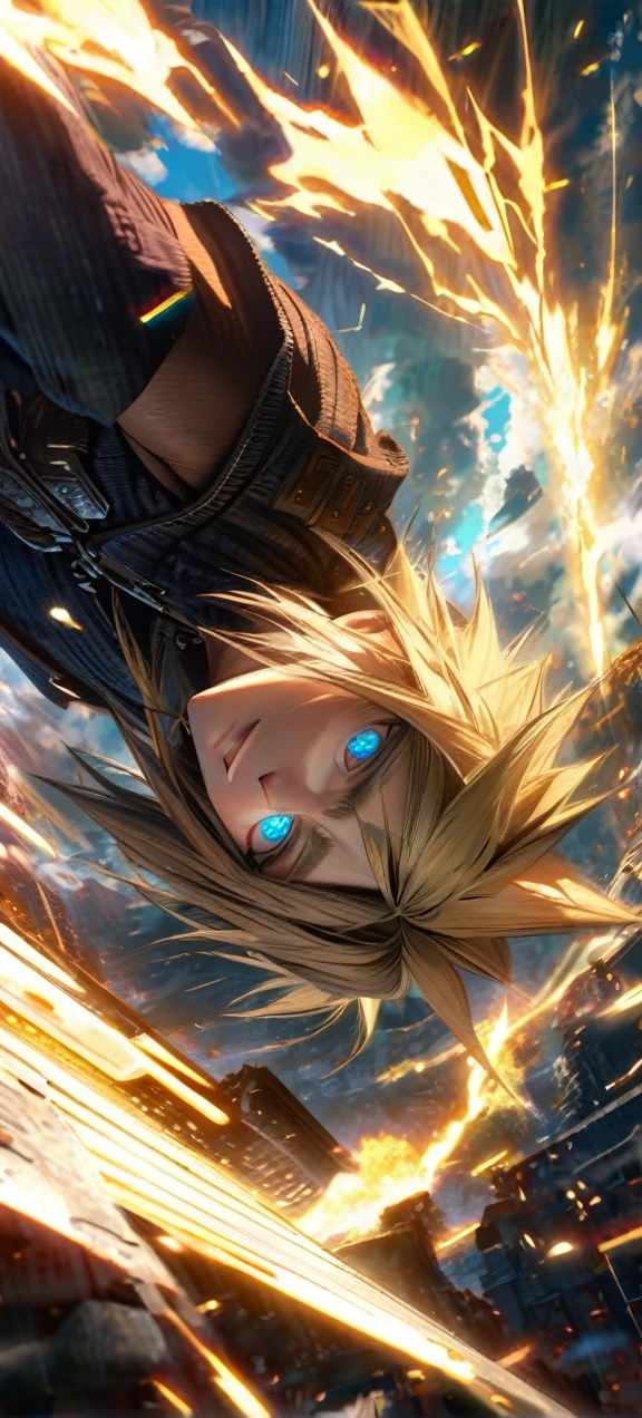 Symetrical,absurdres, highres, ultra detailed, HDR, masterpiece, extremely detailed face and eyes, Cloud Strife,final fantasy 7, yellow hair , , solo, man, handsome, ,, , Epic fight scene, yellow lightning effect, glowing glitters, symetrical 