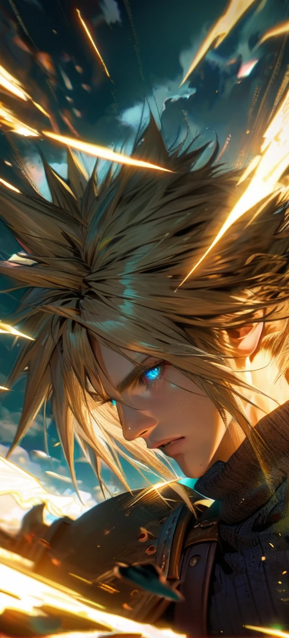 Symetrical,absurdres, highres, ultra detailed, HDR, masterpiece, extremely detailed face and eyes, Cloud Strife,final fantasy 7, yellow hair , , solo, man, handsome, ,, , Epic fight scene, yellow lightning effect, glowing glitters, symetrical , close up