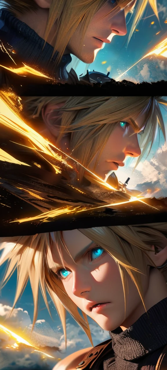 Symetrical,absurdres, highres, ultra detailed, HDR, masterpiece, extremely detailed face and eyes, Cloud Strife,final fantasy 7, yellow hair , , solo, man, handsome, ,, , Epic fight scene, yellow lightning effect, glowing glitters, symetrical , close up