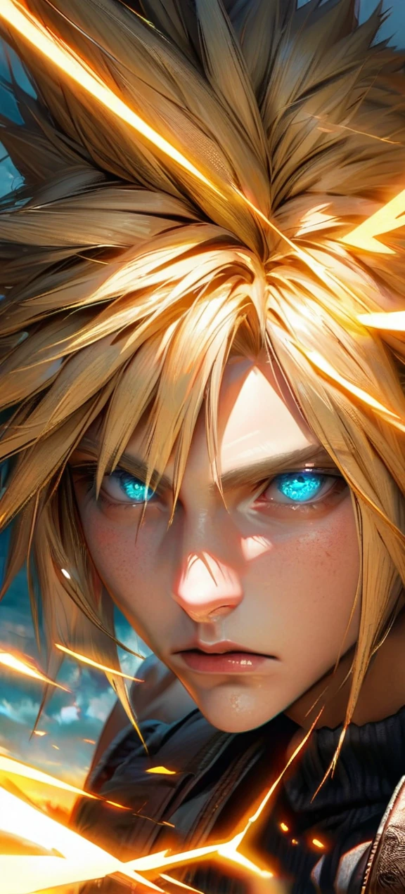 Symetrical,absurdres, highres, ultra detailed, HDR, masterpiece, extremely detailed face and eyes, Cloud Strife,final fantasy 7, yellow hair , , solo, man, handsome, ,, , Epic fight scene, yellow lightning effect, glowing glitters, symetrical , close up