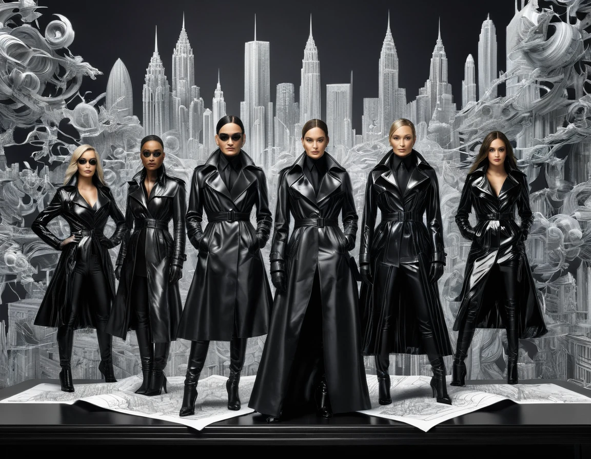 (On a sheet of paper placed on a large desk, Drawing large 3D figurines in stunning and breathtaking uhd ink style), Trinity, a group of ten sublime women in Black trench coat, matrix style, futuristic city center,  fully detailed, high quality, high resolution, proportions parfaites, masterpiece, hyperRéaliste, masterpiece, superior quality, high resolution, Extremely detailed, highly detailed 8K wallpaper, détails fractales