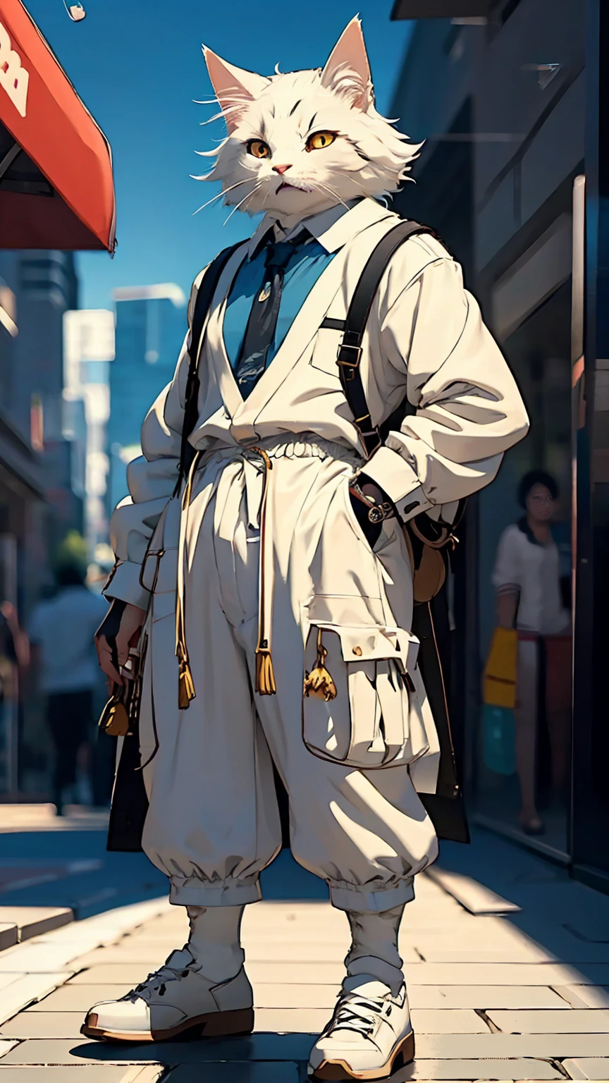 character sheet of anime, (beautiful scenery), whole body, entire body, full body, total body, upright stance, erect posture, (shoes), (Detail of fingers of both hands), There are statues, gentleman, society, company employee, detailed paintings in 4k, gorgeous anime with intricate CGI style, 4k high-definition graphics, Refine and enhance the following anime-style character design: - Fangs: Sharp, prominent fangs - Body: Muscular and large build, with detailed muscle definition realistic texture - Expression: glowing eyes