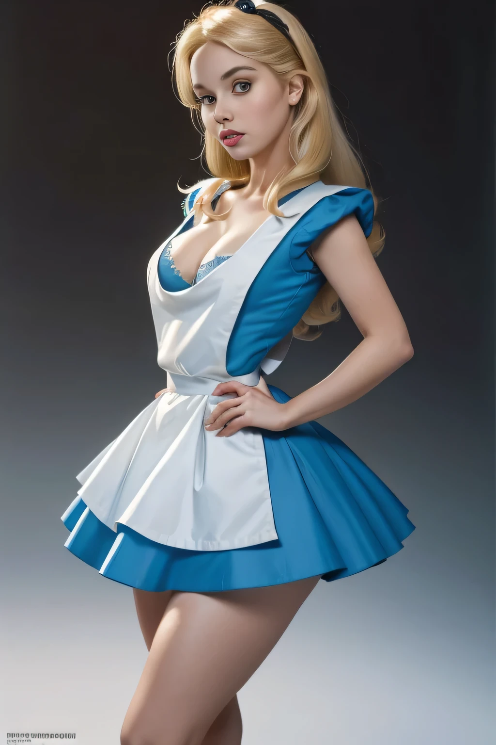 masterpiece, 1girl, solo, a sexy Alice in Wonderland with blonde hair, powder blue dress with white apron, white stockings, cleavage, dynamic, ultra high def, 32k, (perfect anatomy:1.5), perfect legs, in the style of Artgerm and Adam Hughes, perfect arms,