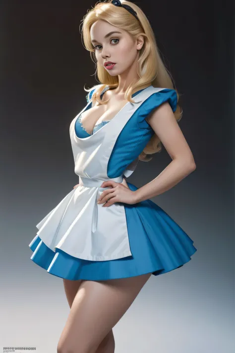 masterpiece, 1girl, solo, a sexy Alice in Wonderland with blonde hair, powder blue dress with white apron, white stockings, clea...