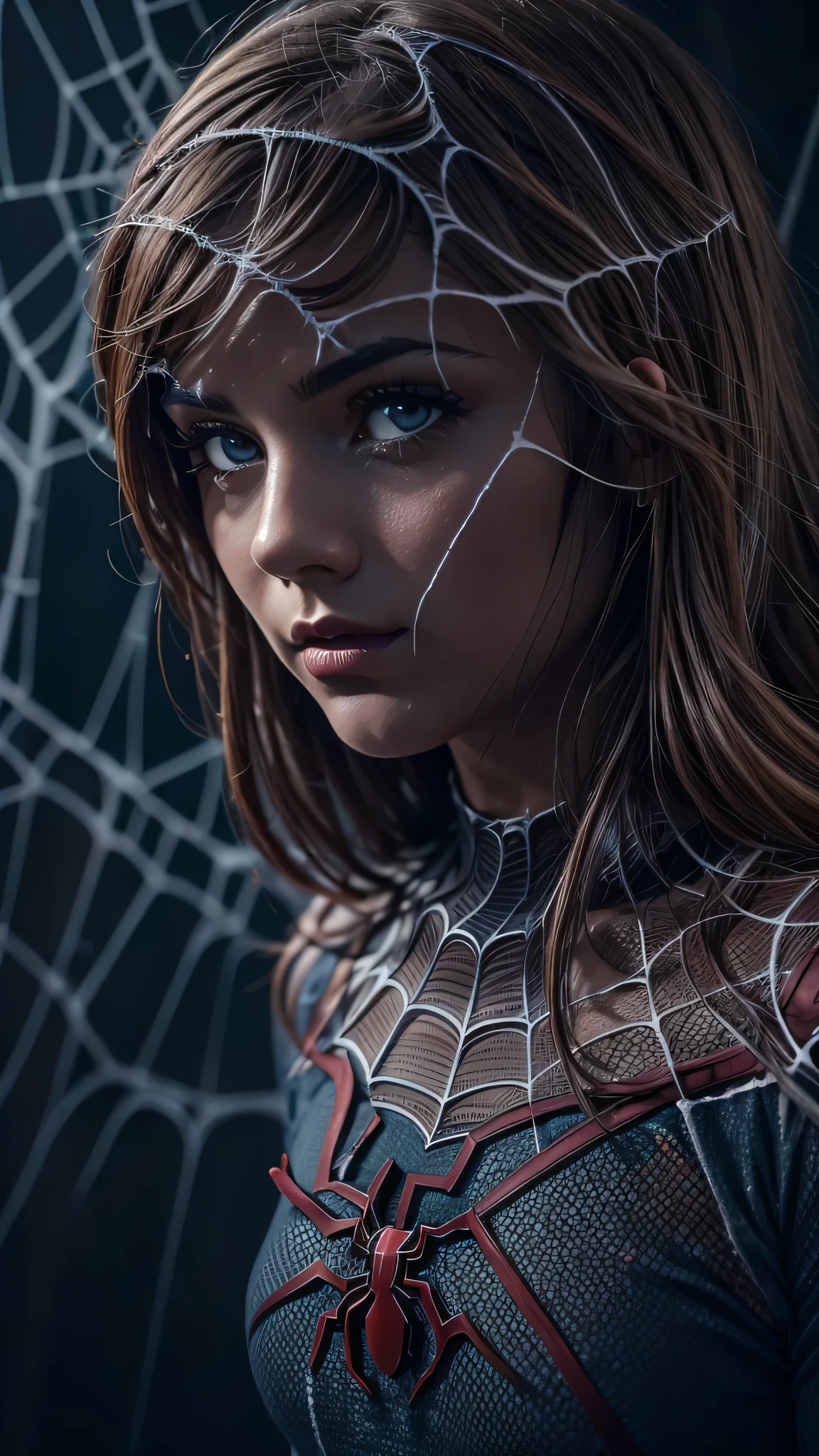 Uma garota vestindo uma fantasia de Homem-Aranha, cercado por teias de aranha fantasmagóricas, em uma atmosfera sombria e estranha, Detalhado e realista, iluminação cinematográfica, cores dramáticas, Tons silenciados, atmosfera temperamental
