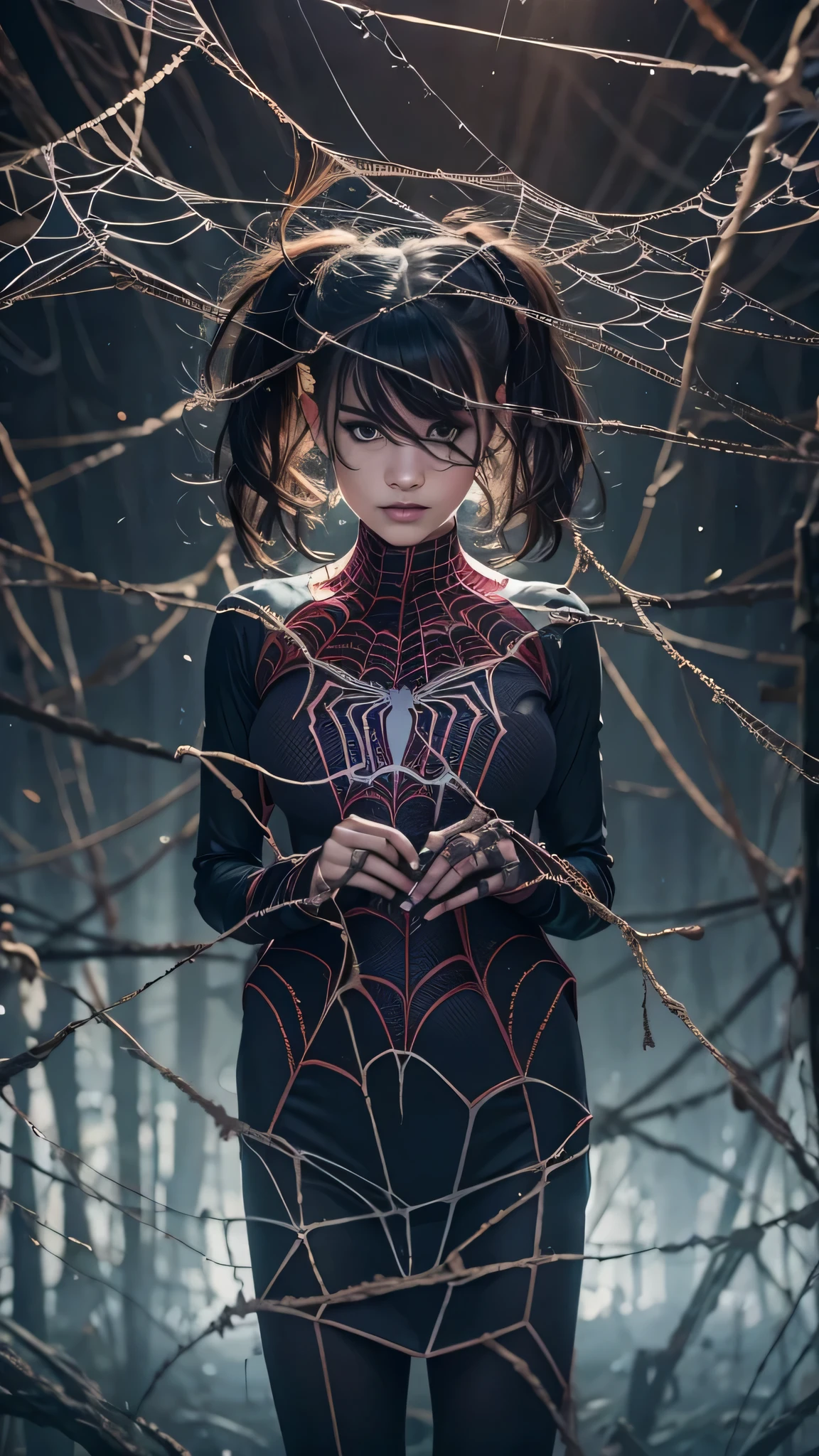 Une fille portant un costume de Spider-Man, entouré de toiles d&#39;araignées fantomatiques, dans une atmosphère sombre et inquiétante, détaillé et réaliste, Éclairage cinématographique, couleurs dramatiques, Tonalités sourdes, ambiance maussade