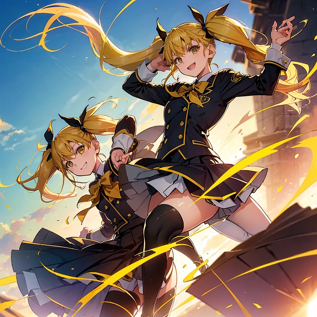 (((Shinomiya Kikoru)))　((Yellow Hair　Twin tails　uniform))　(smile　Jump)　Shining Background　Shining Edge