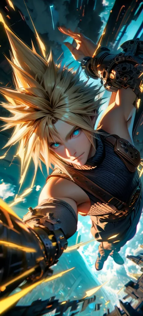 symetrical,absurdres, highres, ultra detailed, hdr, masterpiece, extremely detailed face and eyes, cloud strife,final fantasy 7,...