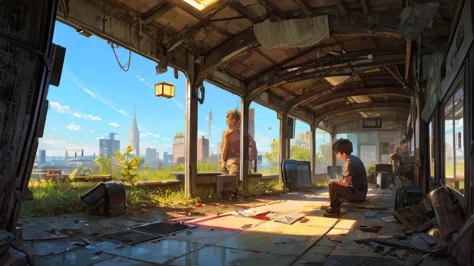 A boy sitting in an abandoned train station, plants, cats, sunny, diagonal lights, ruins
