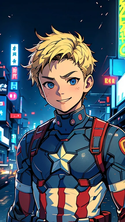 (8k),(masterpiece),(Japanese),(13-year-old boy),((innocent look)),((Childish)),From the front,smile,cute,Innocent,Kind eyes,Flat chest, Captain America,Short,Hair blowing in the wind,Blonde Hair,Strong wind,night,dark, Neon light cyberpunk city